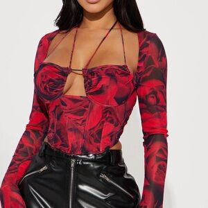 Fashion Nova Red Rose Mesh Bustier Crop Top